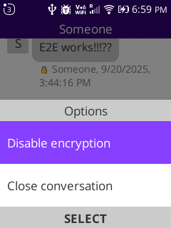 Menu with options to toggle encryption or close the conversation